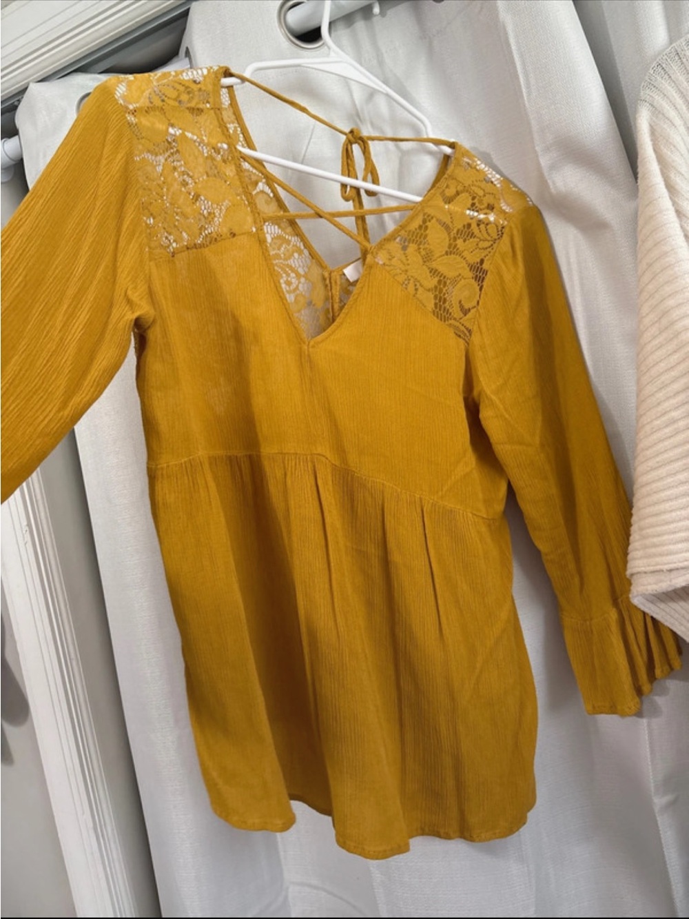 Charming Charlie Mustard Lace-Yoke V-Neck Tunic